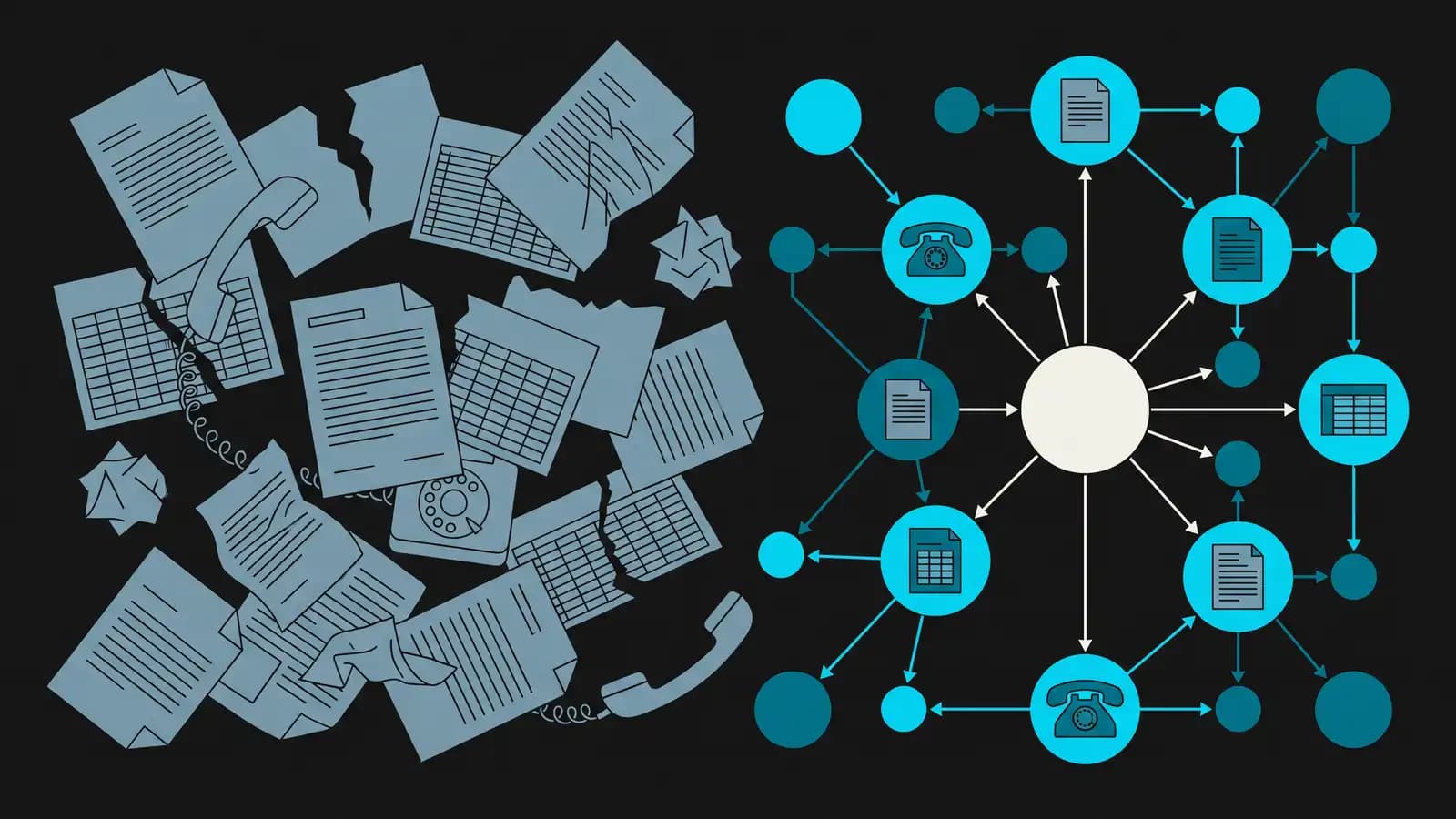 A scattered pile of paper documents and phone handsets on the left resolving into a single connected network of records on the right